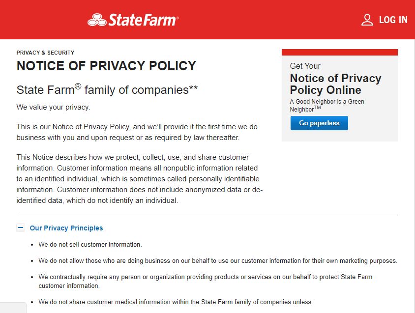 state farm website notice of privacy policy