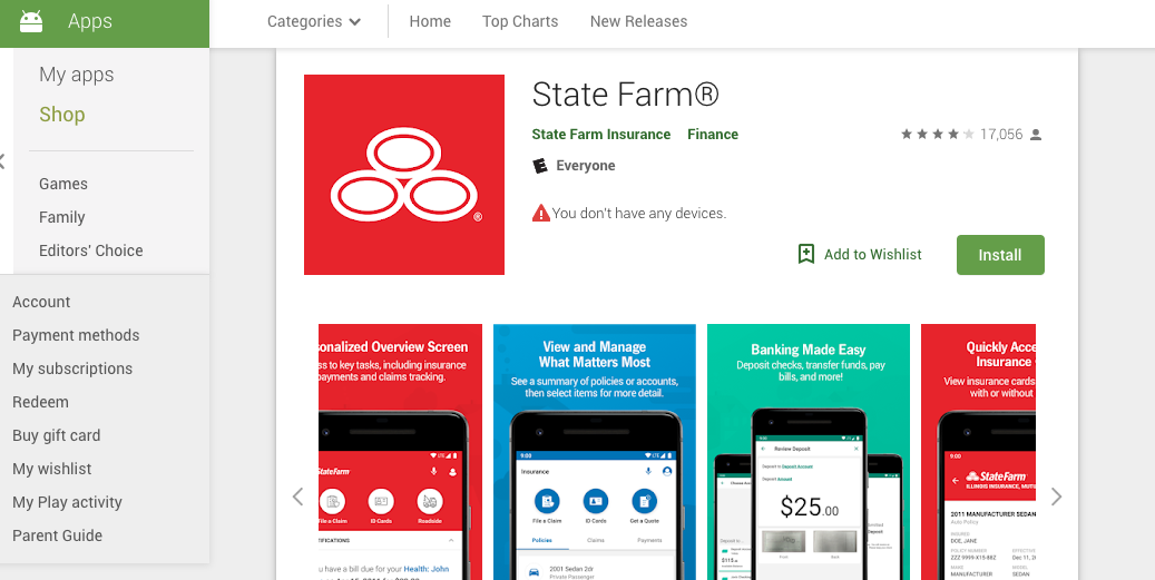 state farm app screens in Google Play