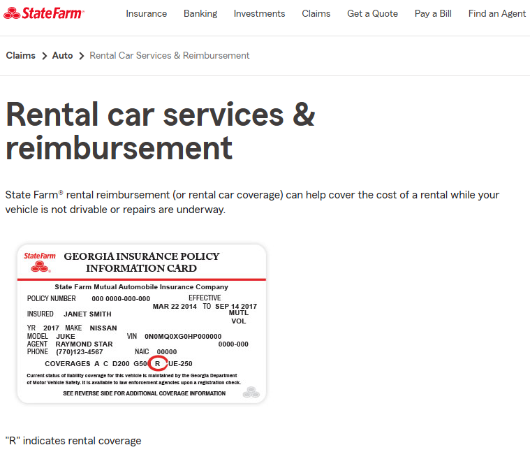 State Farm Site Screenshot: Does auto insurance cover rental cars?