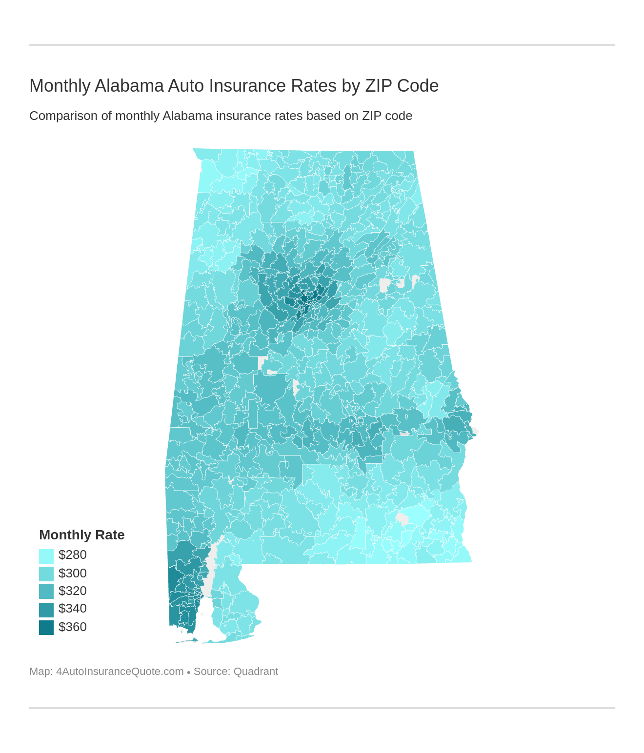 Monthly Alabama Auto Insurance Rates by ZIP Code