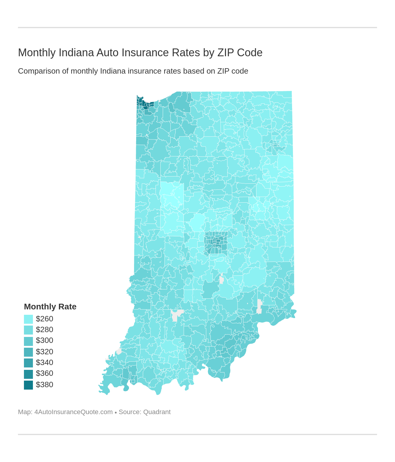 Monthly Indiana Auto Insurance Rates by ZIP Code