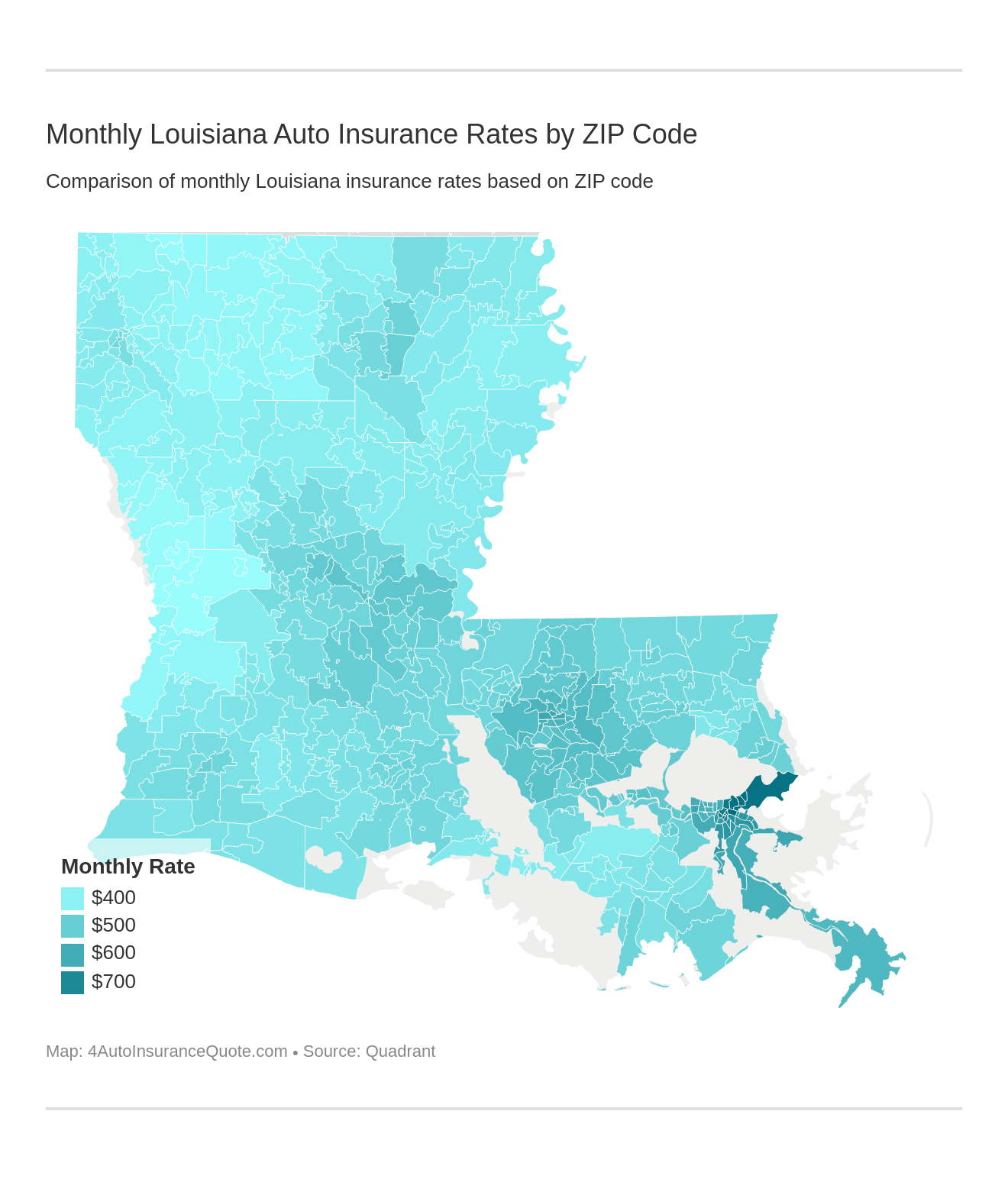 Monthly Louisiana Auto Insurance Rates by ZIP Code