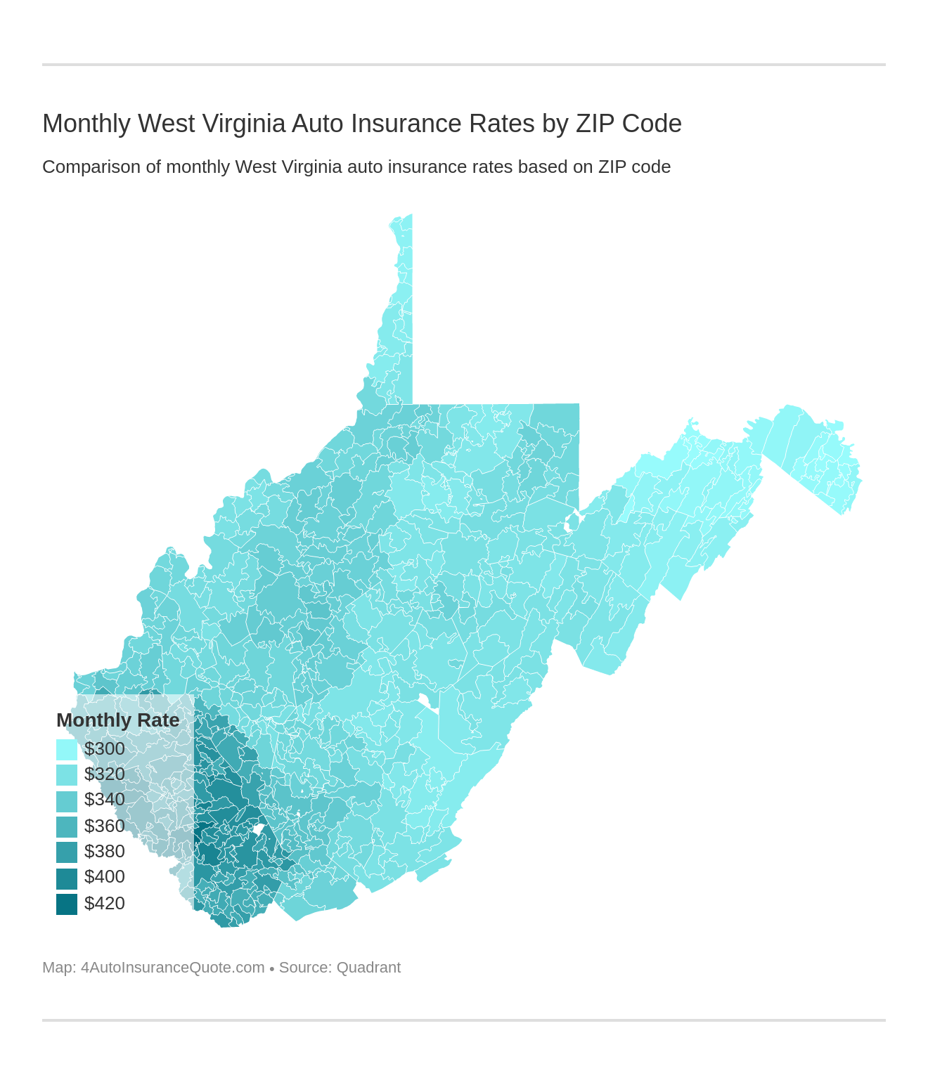 Monthly West Virginia Auto Insurance Rates by ZIP Code