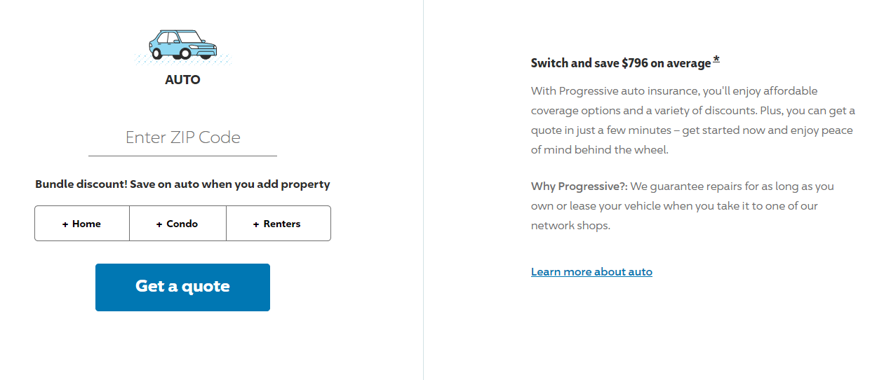 Progressive auto insurance quote zip code entry